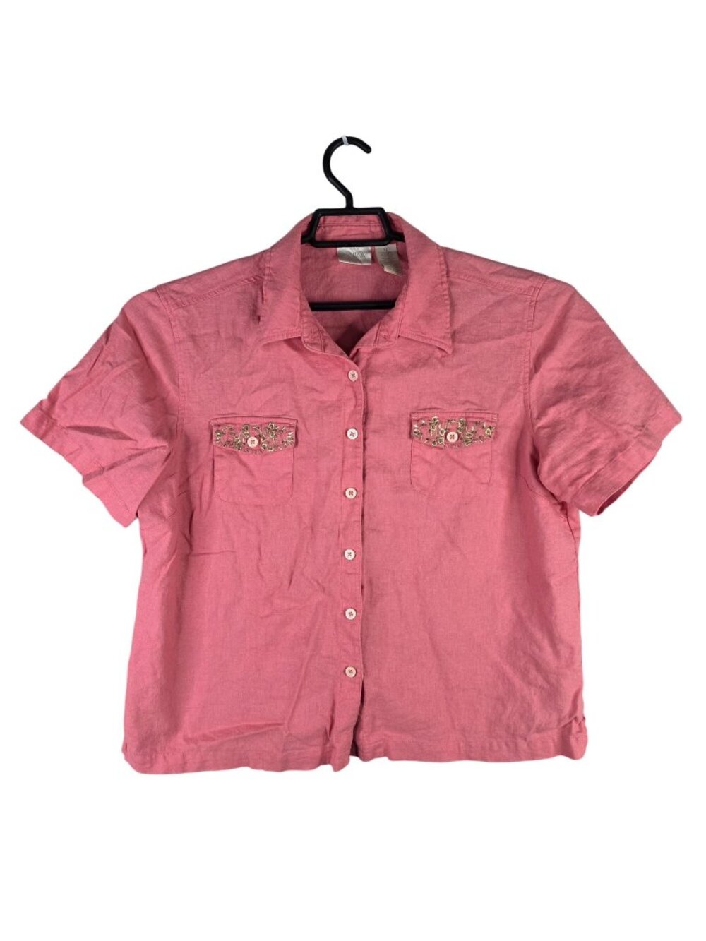 Women Erika Pink Linen Blend Button Up Shirt Beaded Pockets Short Sleeve Size XL
